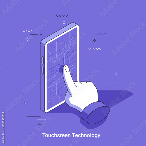 Thin line isometrci vector illustration with Human hand finger touching smartphone screen with electronic circuit. Digital touchscreen technology concept. Mobile device communication system.
