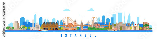 Istanbul city landmarks colorful skyline horizontal vector illustration