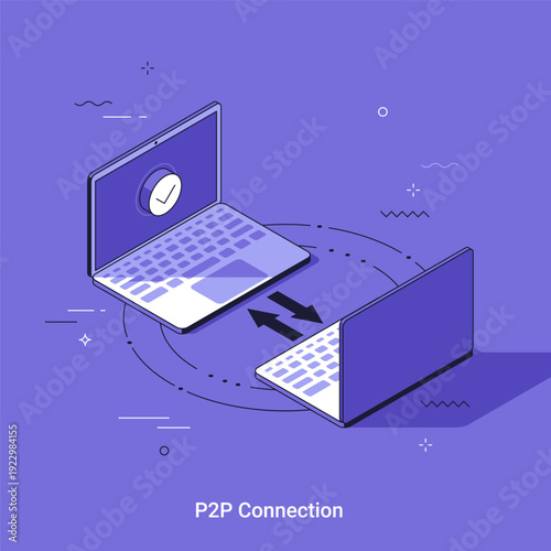 Isometrci vector illustration with Two laptops connected with arrows illustrating P2P data transfer. Peer to peer network concept for file sharing and decentralized communication.
