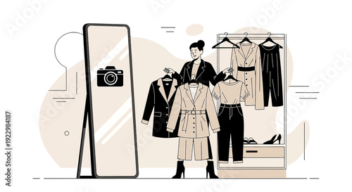 Woman Choosing Outfit In Front Of Mirror, Fashion Stylist, Wardrobe Selection