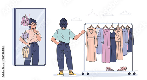 Woman Choosing Outfit Virtually with Smart Mirror and Clothing Rack