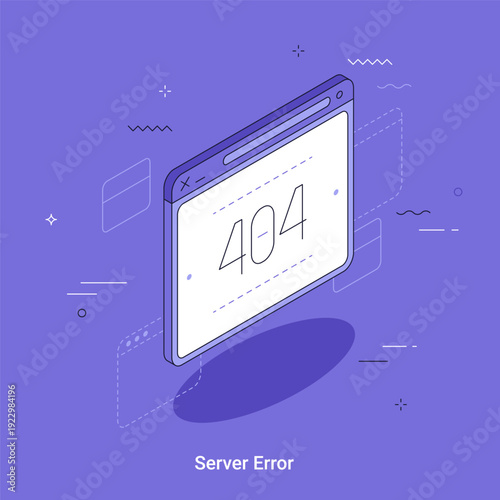 Isometric vector illustrations with browser window with 404 error code. Server error message on webpage. Network problem and lost internet connection concept.