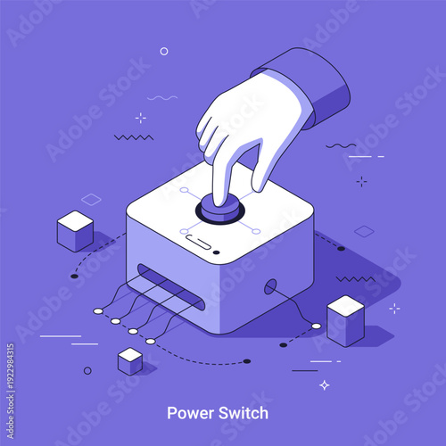 Hand presses a button on a device. Start up of a new project. Power switch activation for a business concept with thin line isometric vector illustration.
