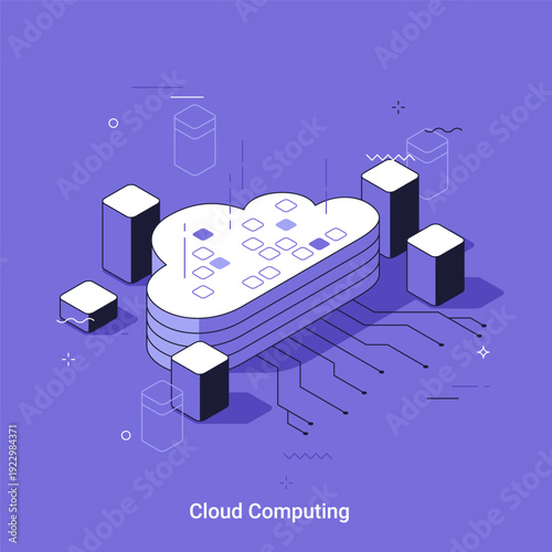 Isometric vector illustration with Cloud icon in cartoon style for computing concept. Cloud server storage center for data management and digital information.
