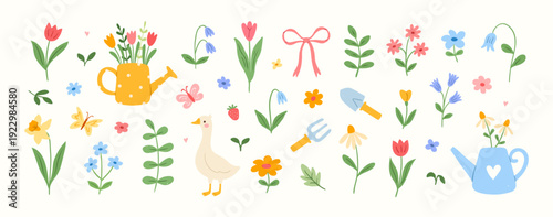Cute spring flower set with a goose, garden tools, primroses. Summer cozy decoration