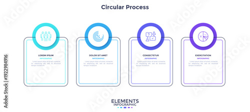 Infographic elements of circular choice template with 4 options, steps or processes. Program steps placed in horizontal row. Modern flat vector illustration for visual presentation