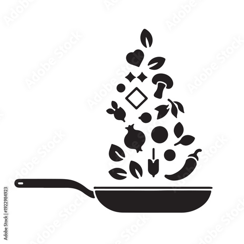 Black and white illustration of vegetables cooking in a frying pan with transparent background