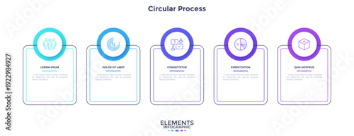 Infographic elements of circular choice template with 5 options, steps or processes. Program steps placed in horizontal row. Modern flat vector illustration for visual presentation