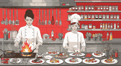 Two chefs cooking in a commercial kitchen with plates of food on countertop