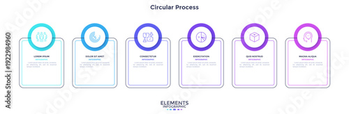 Infographic elements of circular choice template with 6 options, steps or processes. Program steps placed in horizontal row. Modern flat vector illustration for visual presentation