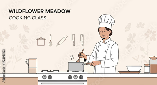Woman Chef Cooking Class Wildflower Meadow Theme