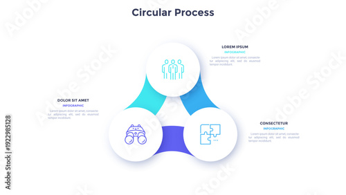 Circular scheme with three round paper white elements. Concept of cyclic business process with 3 stages. Minimal infographic design template. Modern flat vector illustration for data visualization.