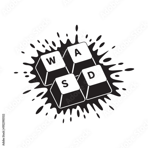 Exploding keyboard keys illustration featuring WASD keys with dynamic splash effect design