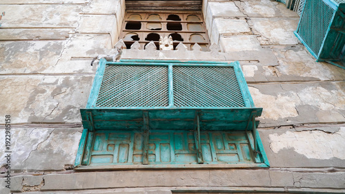Al-Balad, Historic Jeddah, 7th November 2025, Intricately carved rawasheen wooden balconies adorn centuries-old coral stone houses in the heart of old Jeddah. A UNESCO wold heritage city, Saudi Arabia