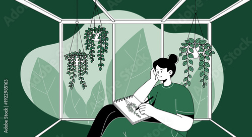 Woman Artist Drawing Plants in Greenhouse