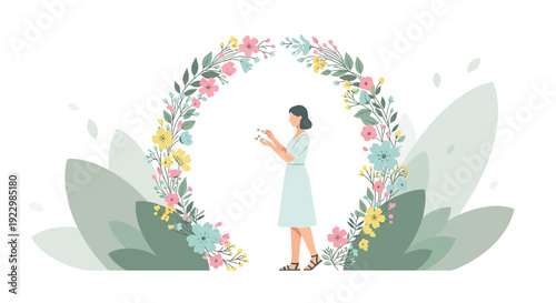 Woman Artist Painting Floral Archway with Colorful Flowers