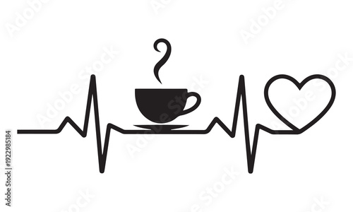 Heartbeat line art with coffee cup and steam illustration for health and relaxation concept
