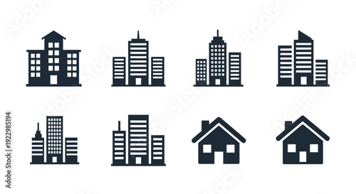 Collection of simple black silhouette icons representing buildings and houses