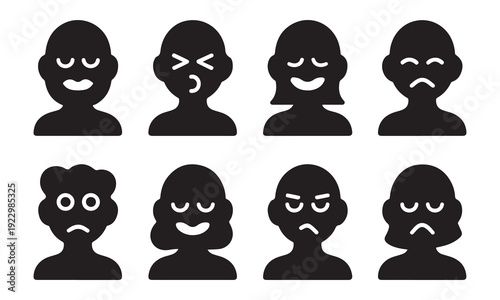 Set of eight black and white emotion icons featuring various facial expressions on transparent background