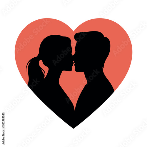 Romantic silhouette of a couple about to kiss framed perfectly inside a large stylized heart shape graphic.
