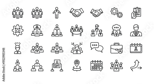 Collection of diverse business and communication line icons in grayscale