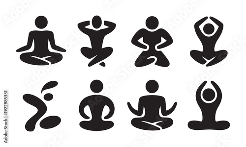 Set of eight different yoga meditation poses illustrated in simple black line art style
