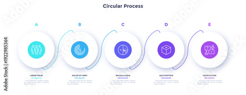 Circular process diagram color minimalist design with 5 steps sequence. Business communication and development presentation with frames. Three connected round shapes for data infographic