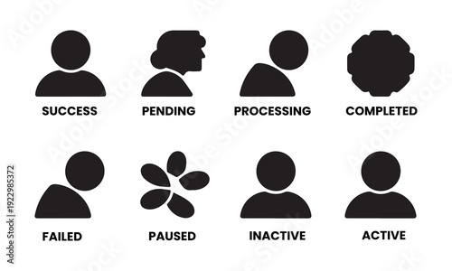 Set of eight user status icons showing different activity states like success pending processing completed