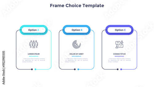 Business model with 3 rectangular frames placed in horizontal row. Concept of three features of startup project. Simple infographic design template. Modern flat vector illustration for presentation.