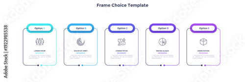 Business model with 5 rectangular frames placed in horizontal row. Concept of five features of startup project. Simple infographic design template. Modern flat vector illustration for presentation.