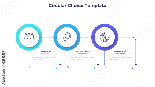 Infographic elements of circular choice template with 3 options, steps or processes. Program steps placed in horizontal row. Modern flat vector illustration for visual presentation