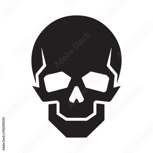 Simple black and white skull icon with stylized eye sockets and mouth isolated design