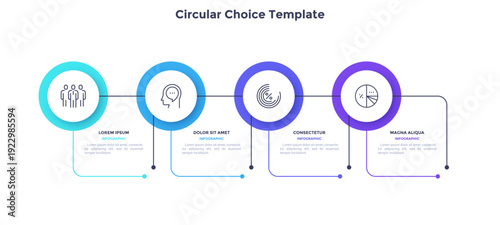 Infographic elements of circular choice template with 4 options, steps or processes. Program steps placed in horizontal row. Modern flat vector illustration for visual presentation