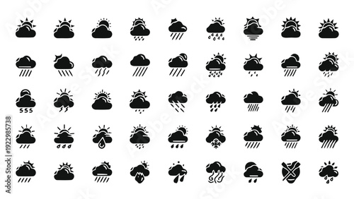 Vector illustration of set of weather icons sun, clouds, rain, snow, storm, fog, and temperature symbols on a transparent background