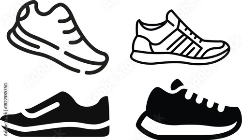 Sneakers icon. Running shoes icon Flat Vector Silhouette Shoes or Sneakers Icon Set Isolated. Footwear Icons Black and white sneakers minimalist style icon set. Vector Black and white line art vector