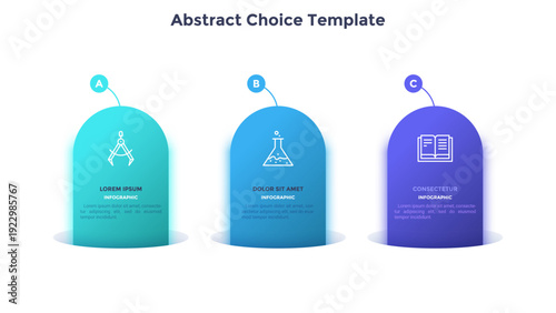 Three vertical colorful stripes or ribbons with linear icons and place for text inside. Concept of comparison of 3 business options. Infographic design template. Vector illustration for presentation.