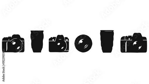 Vector illustration of collection of camera gear icons dslr cameras, lenses, and pint glasses silhouettes on a transparent background