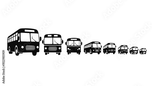 Vector illustration of set of black and white bus silhouettes in various sizes on a transparent background