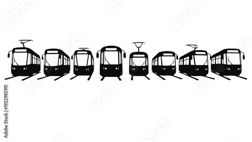 Vector illustration of collection of tram and streetcar silhouettes in black and white on a transparent background