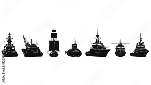 Vector illustration of collection of silhouette warships and naval vessels on a transparent background