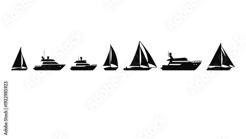 Vector illustration of collection of silhouettes of various boats and yachts on on a transparent background