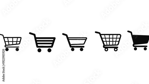 Vector illustration of set of five black shopping cart icons in different styles and sizes on a transparent background