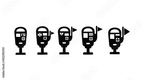 Vector illustration of set of five parking meter icons in black and white silhouette style on a transparent background