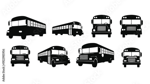 Vector illustration of collection of school bus silhouettes in various views and angles on a transparent background