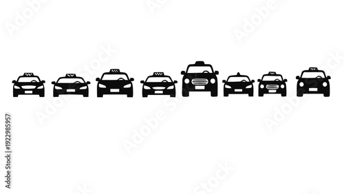 Vector illustration of set of various taxi car silhouettes in front view on a transparent background
