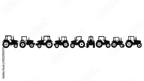 Vector illustration of collection of black silhouette icons of various types of tractors in profile view on a transparent background