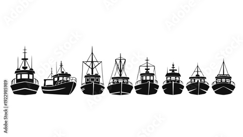 Vector illustration of collection of fishing boat silhouettes and icons in black and white on a transparent background