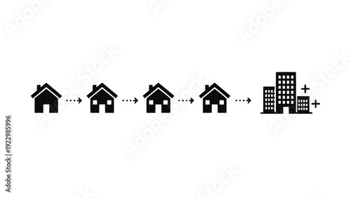 Vector illustration of urbanization process transition from houses to apartment buildings and city growth on a transparent background