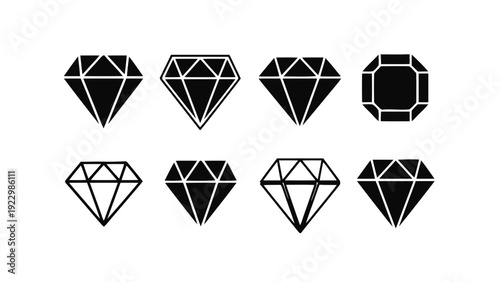 Vector illustration of set of black diamond icons and gemstone shapes for jewelry design on a transparent background