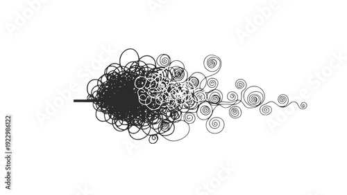 Vector illustration of abstract chaotic scribble line evolving into organized spirals on on a transparent background